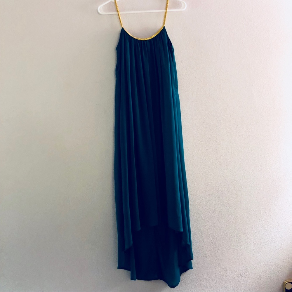 Teal chiffon dress with gold leather straps